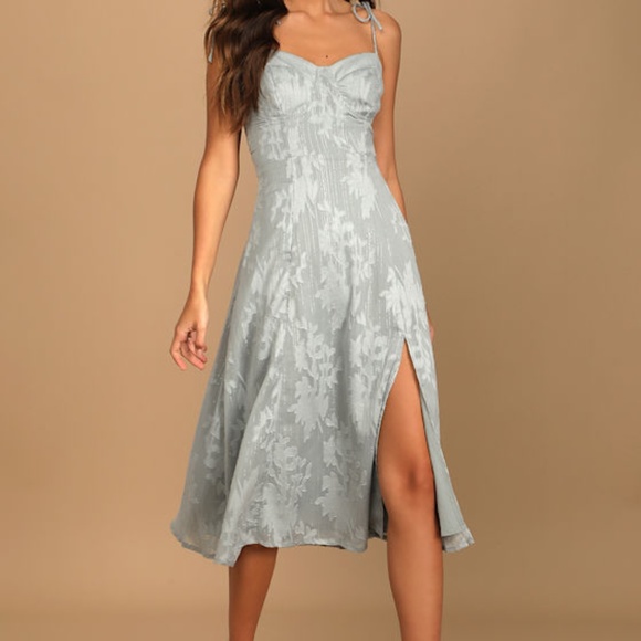 Lulus Loveliest Looks Dusty Blue Floral Jacquard Tie-strap Midi Dress - Size M - Picture 1 of 3